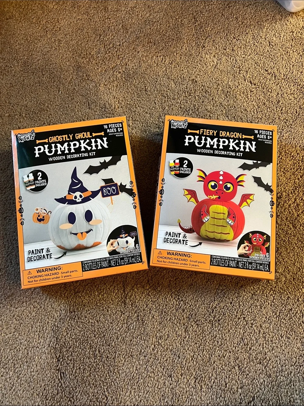 Kids Pumpkin Decorating Kit - Ghostly Ghoul & Fiery Dragon Paintable Pumpkins
